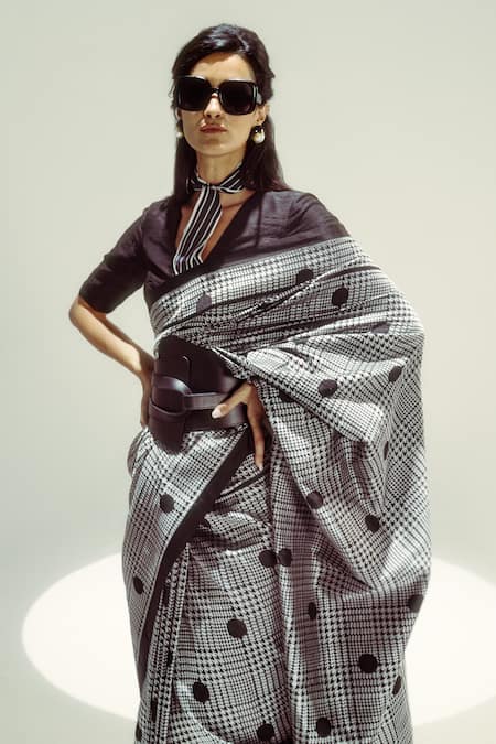 Ekaya Banaras_Black Silk Satin Polka Glen Plaid Saree _Online_at_Aza_Fashions