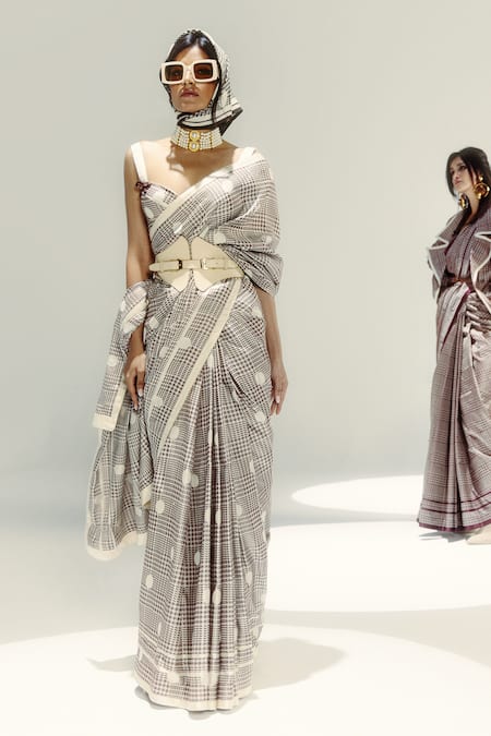 Ekaya Banaras Cream Silk Satin Round Neck Vanilla Polka Glen Plaid Saree Online at Aza Fashions Ekaya Banaras_Cream Silk Satin Round Neck Vanilla Polka Glen Plaid Saree _Online_at_Aza_Fashions