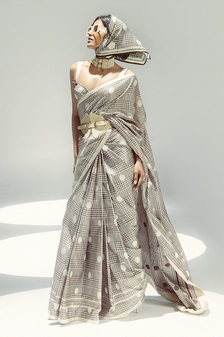 Buy Ekaya Banaras Cream Silk Satin Round Neck Vanilla Polka Glen Plaid Saree Online at Aza Fashions Buy_Ekaya Banaras_Cream Silk Satin Round Neck Vanilla Polka Glen Plaid Saree _Online_at_Aza_Fashions