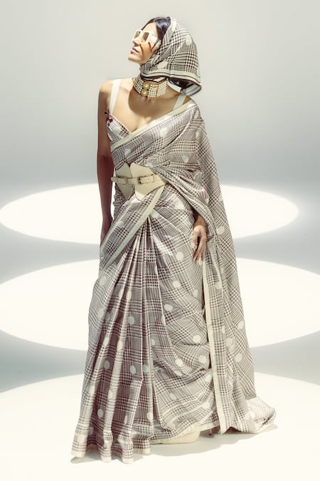 Ekaya Banaras Vanilla Polka Glen Plaid Saree 