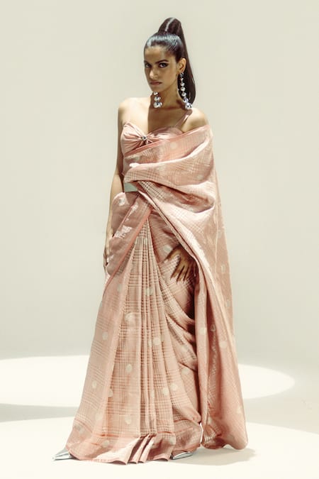 Ekaya Banaras Old Rose Polka Glen Plaid Saree 