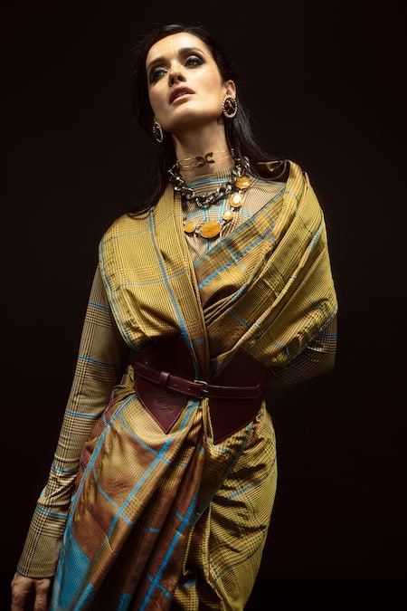 Ekaya Banaras Ochre Big Check Handwoven Saree 