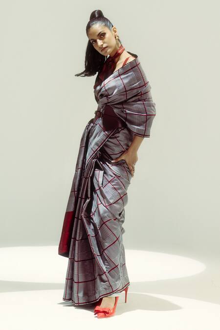 Ekaya Banaras Black Silk Round Neck Red Big Check Handwoven Saree Online at Aza Fashions Ekaya Banaras_Black Silk Round Neck Red Big Check Handwoven Saree _Online_at_Aza_Fashions