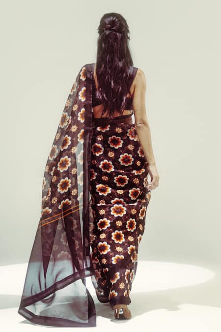 Ekaya Banaras Retro Floral Printed Organza Saree 