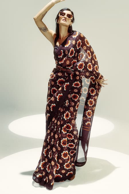 Ekaya Banaras_Brown Organza Off-shoulder Retro Floral Printed Saree _Online_at_Aza_Fashions