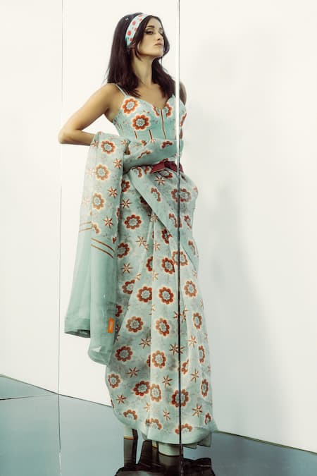 Shop Ekaya Banaras Teal Organza Retro Floral Printed Saree at Aza Fashions Shop_Ekaya Banaras_Teal Organza Retro Floral Printed Saree _at_Aza_Fashions