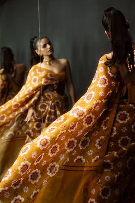 Ekaya Banaras Yellow Organza Retro Floral Printed Saree Online at Aza Fashions Ekaya Banaras_Yellow Organza Retro Floral Printed Saree _Online_at_Aza_Fashions