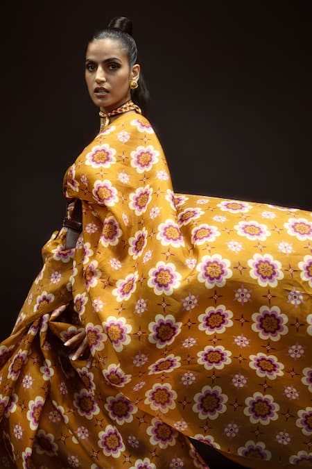 Shop Ekaya Banaras Yellow Organza Retro Floral Printed Saree at Aza Fashions Shop_Ekaya Banaras_Yellow Organza Retro Floral Printed Saree _at_Aza_Fashions