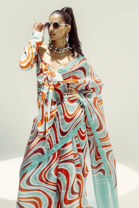 Ekaya Banaras_Multi Color Organza Off-shoulder Groovy Waves Printed Saree Set _Online_at_Aza_Fashions