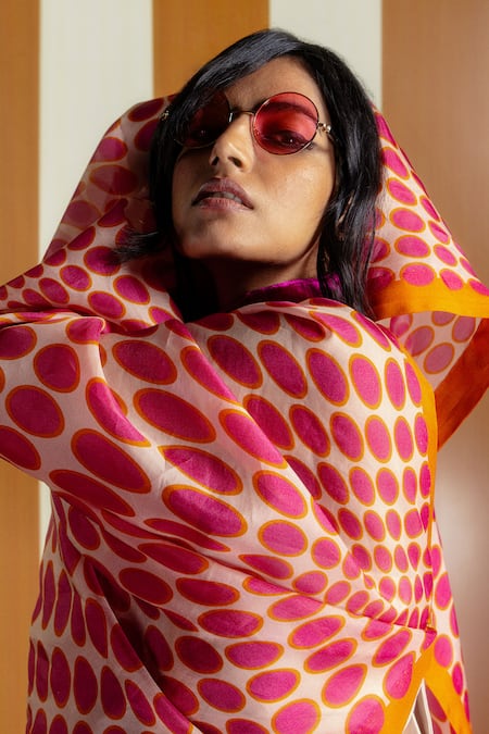 Ekaya Banaras_Pink Organza Polka Dot Printed Saree _Online_at_Aza_Fashions