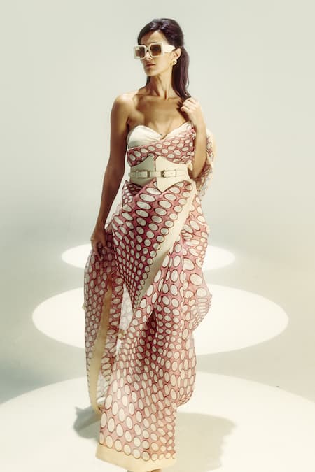 Ekaya Banaras Pink Organza Off-shoulder Digital Print Polka Dot Saree Online at Aza Fashions Ekaya Banaras_Pink Organza Off-shoulder Digital Print Polka Dot Saree _Online_at_Aza_Fashions