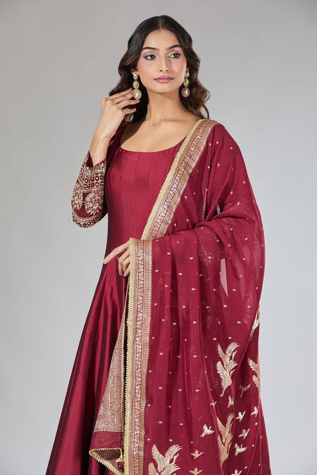 Samyukta Singhania_Maroon Silk, Cotton Embroidery Square Neck Anarkali Set _Online_at_Aza_Fashions
