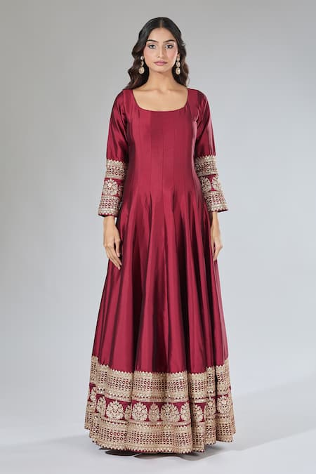 Shop_Samyukta Singhania_Maroon Silk, Cotton Embroidery Square Neck Anarkali Set _Online_at_Aza_Fashions