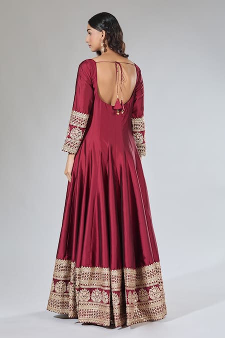 Shop_Samyukta Singhania_Maroon Silk, Cotton Embroidery Square Neck Anarkali Set _at_Aza_Fashions