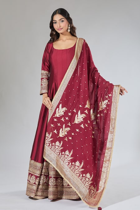 Buy_Samyukta Singhania_Maroon Silk, Cotton Embroidery Square Neck Anarkali Set 