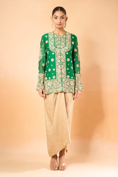 Anamika Khanna_Green Silk, Chiffon Embroidery Round Neck Kurta And Draped Skirt Set _Online_at_Aza_Fashions
