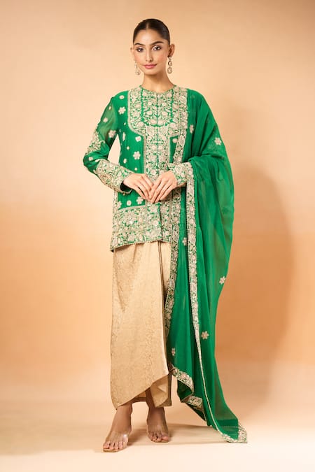 Shop_Anamika Khanna_Green Silk, Chiffon Embroidery Round Neck Kurta And Draped Skirt Set _Online_at_Aza_Fashions
