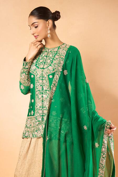 Anamika Khanna_Green Silk, Chiffon Embroidery Round Neck Kurta And Draped Skirt Set _at_Aza_Fashions