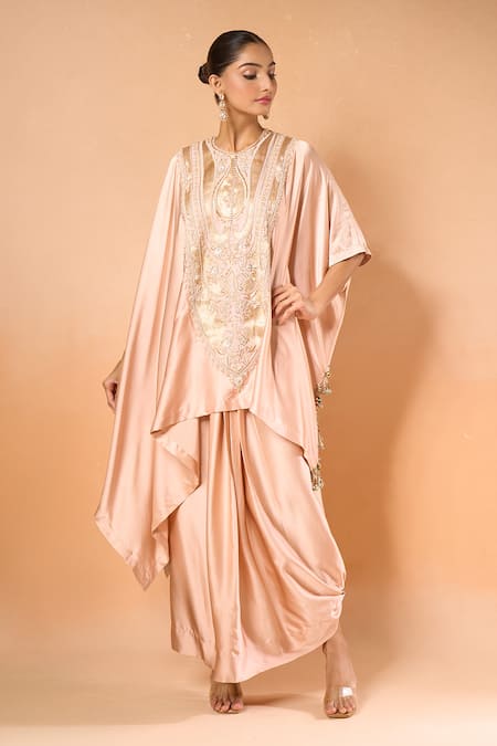Anamika Khanna_Pink Silk Embroidery Round Neck Floral Thread Kaftan Set _Online_at_Aza_Fashions