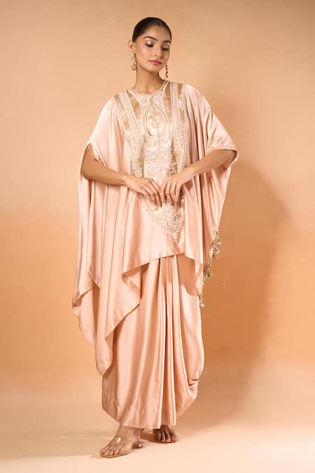 Buy_Anamika Khanna_Pink Silk Embroidery Round Neck Floral Thread Kaftan Set _Online_at_Aza_Fashions