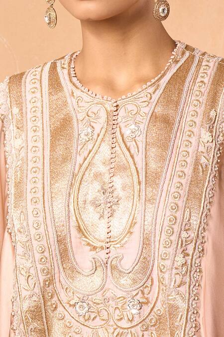Shop_Anamika Khanna_Pink Silk Embroidery Round Neck Floral Thread Kaftan Set _Online_at_Aza_Fashions