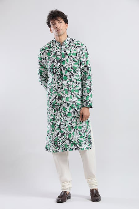 Anamika Khanna_Multi Color Cotton Embroidery Abstract Print Straight Kurta _Online_at_Aza_Fashions