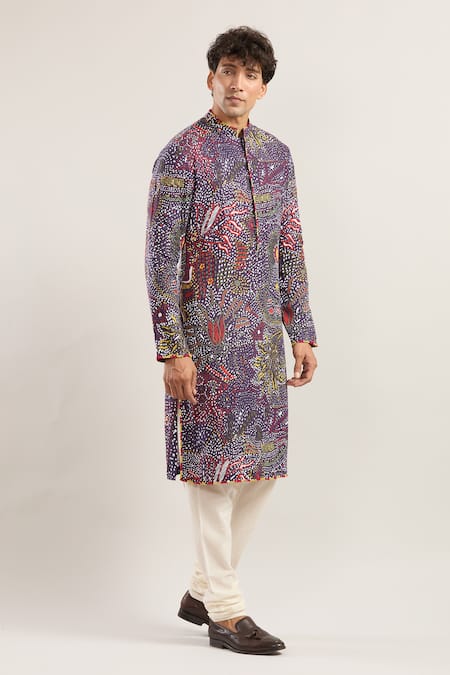 Shop_Anamika Khanna_Multi Color Embroidery Abstract Print Kurta _Online_at_Aza_Fashions