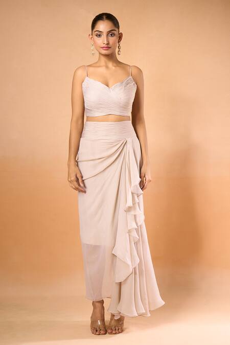 Anushree Reddy_Ivory Chiffon Sequin Cape And Draped Skirt Set _Online_at_Aza_Fashions