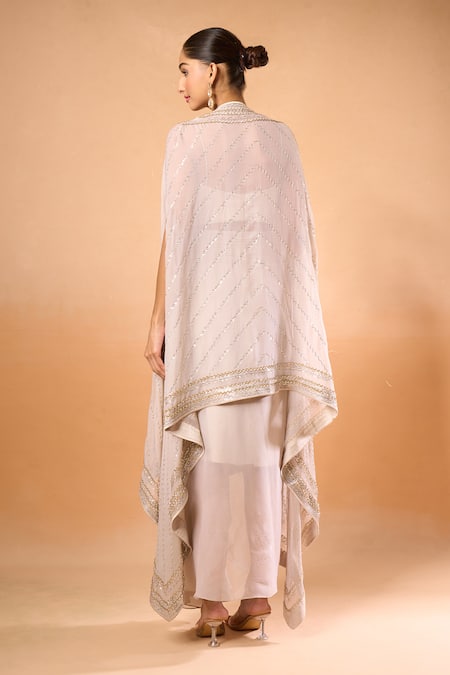 Shop_Anushree Reddy_Ivory Chiffon Sequin Cape And Draped Skirt Set _at_Aza_Fashions