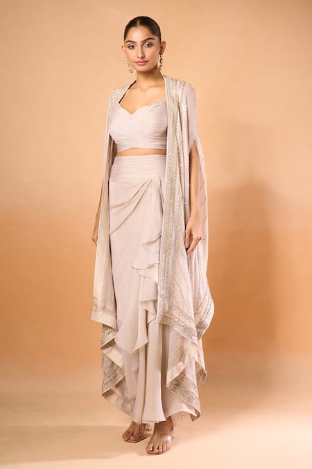 Buy_Anushree Reddy_Ivory Chiffon Sequin Cape And Draped Skirt Set _Online_at_Aza_Fashions