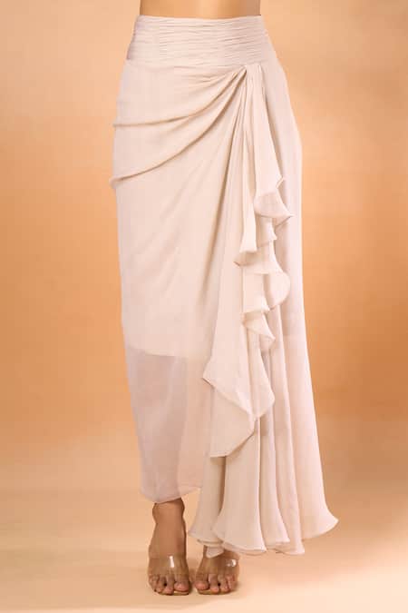 Shop_Anushree Reddy_Ivory Chiffon Sequin Cape And Draped Skirt Set _Online_at_Aza_Fashions