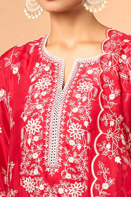 Buy_Anushree Reddy_Red Cotton, Chiffon Embroidery Split V-neck Aari Kurta Set _Online_at_Aza_Fashions