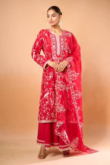 Buy_Anushree Reddy_Red Cotton, Chiffon Embroidery Split V-neck Aari Kurta Set 
