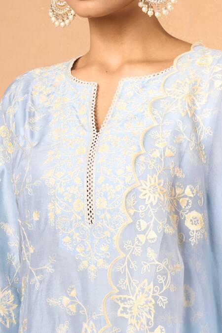 Buy_Anushree Reddy_Sky Blue Cotton Embroidery Split V-neck Floral Aari Kurta Set _Online_at_Aza_Fashions