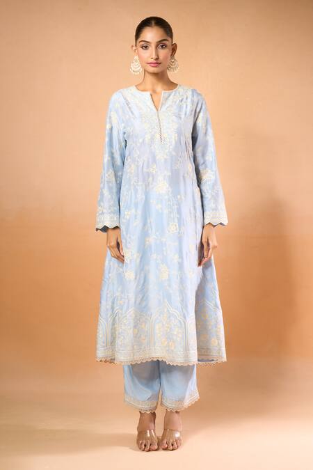Shop_Anushree Reddy_Sky Blue Cotton Embroidery Split V-neck Floral Aari Kurta Set _Online_at_Aza_Fashions
