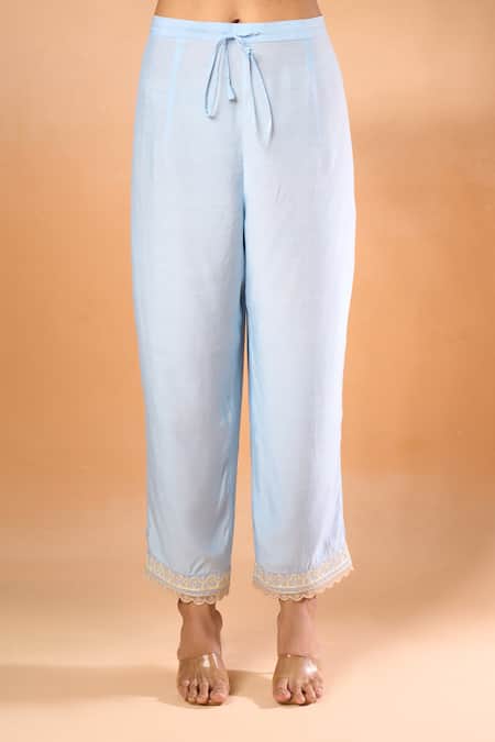 Buy_Anushree Reddy_Sky Blue Cotton Embroidery Split V-neck Floral Aari Kurta Set 