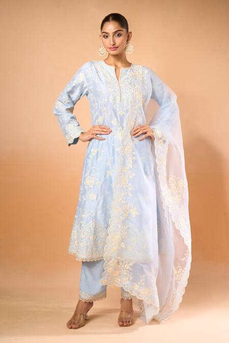 Shop_Anushree Reddy_Sky Blue Cotton Embroidery Split V-neck Floral Aari Kurta Set 