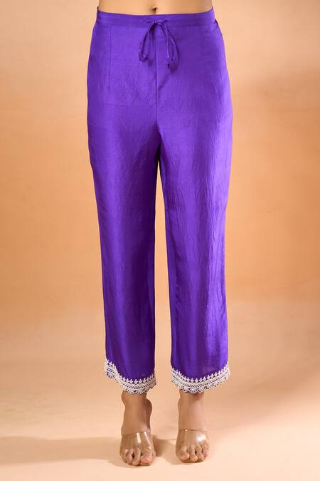 Anushree Reddy_Purple Cotton Embroidery, Sequins Split V-neck Floral Kurta Set_Online_at_Aza_Fashions