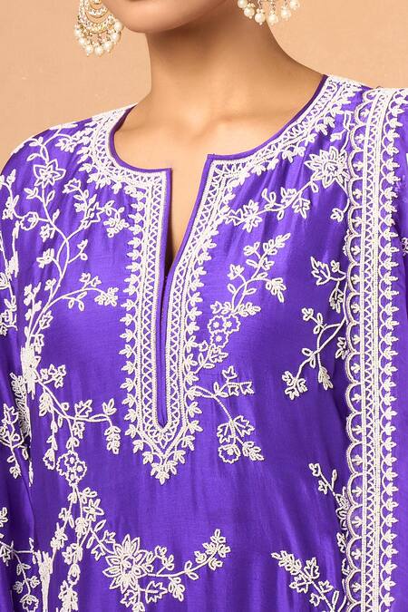 Buy_Anushree Reddy_Purple Cotton Embroidery, Sequins Split V-neck Floral Kurta Set_Online_at_Aza_Fashions