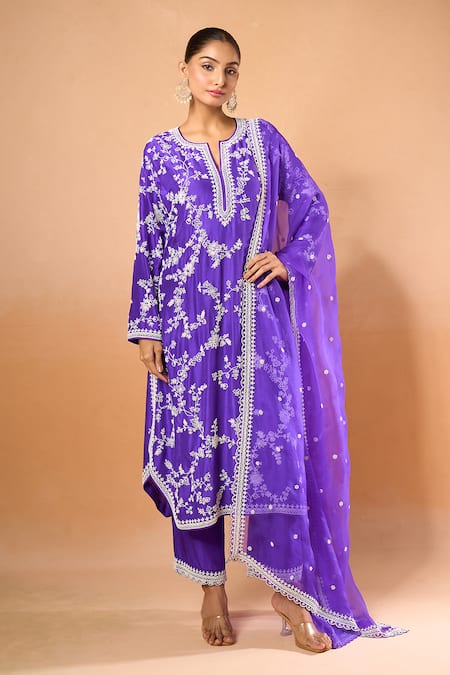 Shop_Anushree Reddy_Purple Cotton Embroidery, Sequins Split V-neck Floral Kurta Set_Online_at_Aza_Fashions