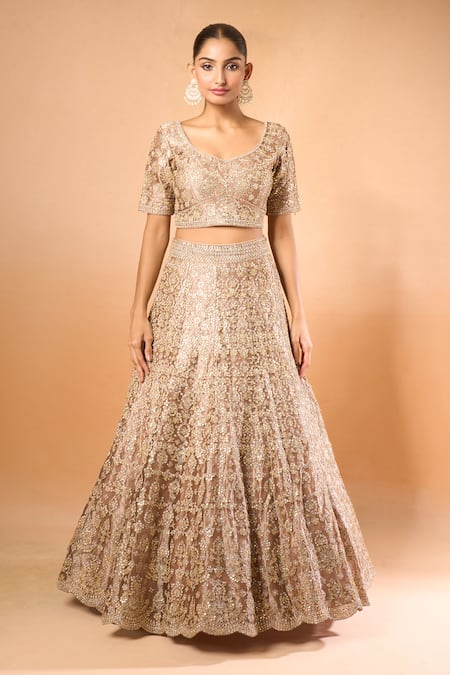 Azeera_Cream Silk Sequins, Gota Patti Round Neck Embroidered Lehenga Set _Online_at_Aza_Fashions