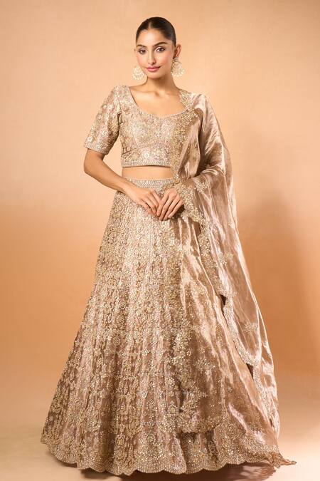 Buy_Azeera_Cream Silk Sequins, Gota Patti Round Neck Embroidered Lehenga Set _Online_at_Aza_Fashions
