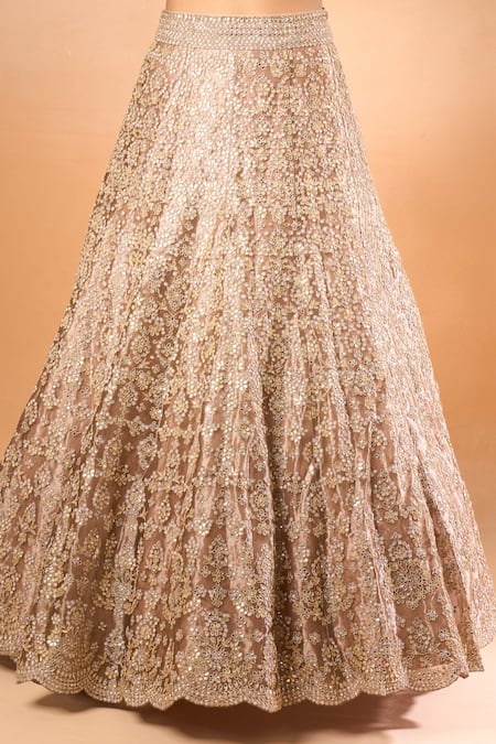 Shop_Azeera_Cream Silk Sequins, Gota Patti Round Neck Embroidered Lehenga Set _Online_at_Aza_Fashions