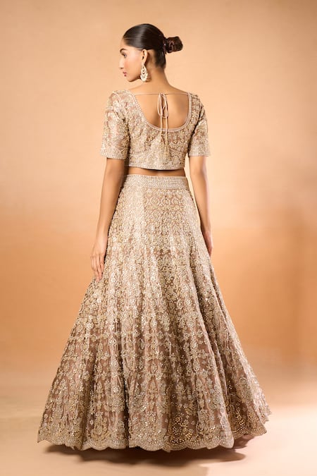 Shop_Azeera_Cream Silk Sequins, Gota Patti Round Neck Embroidered Lehenga Set _at_Aza_Fashions