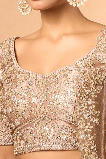 Azeera_Cream Silk Sequins, Gota Patti Round Neck Embroidered Lehenga Set _at_Aza_Fashions