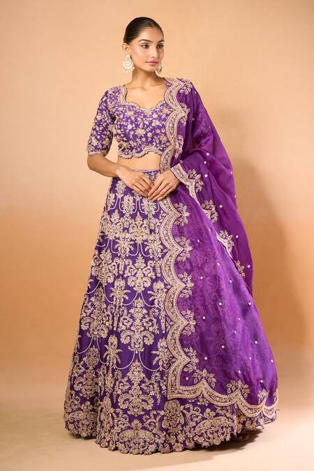 Shop Azeera Purple Silk, Chiffon Zari, Embroidery Scoop Neck Floral Blossom Lehenga Set Online at Aza Fashions Shop_Azeera_Purple Silk, Chiffon Zari, Embroidery Scoop Neck Floral Blossom Lehenga Set _Online_at_Aza_Fashions