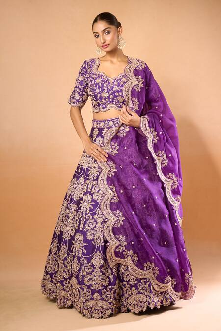 Azeera Purple Silk, Chiffon Zari, Embroidery Scoop Neck Floral Blossom Lehenga Set at Aza Fashions Azeera_Purple Silk, Chiffon Zari, Embroidery Scoop Neck Floral Blossom Lehenga Set _at_Aza_Fashions