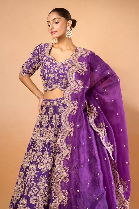 Buy Azeera Purple Silk, Chiffon Zari, Embroidery Scoop Neck Floral Blossom Lehenga Set Buy_Azeera_Purple Silk, Chiffon Zari, Embroidery Scoop Neck Floral Blossom Lehenga Set