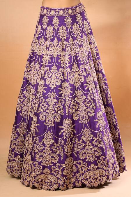 Shop Azeera Purple Silk, Chiffon Zari, Embroidery Scoop Neck Floral Blossom Lehenga Set Shop_Azeera_Purple Silk, Chiffon Zari, Embroidery Scoop Neck Floral Blossom Lehenga Set