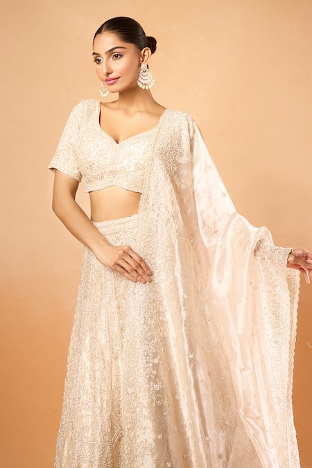 Shop Azeera Gold Silk, Chiffon Embroidery V-neck Floral Lehenga Set Online at Aza Fashions Shop_Azeera_Gold Silk, Chiffon Embroidery V-neck Floral Lehenga Set _Online_at_Aza_Fashions